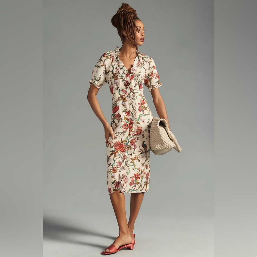 Pilcro by Anthropologie Floral Dress Beige Multi Ruffle Collar Button Lined - Picture 2 of 8